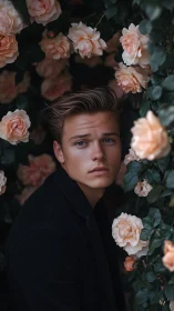 Male subject framed by dense pale roses and foliage.