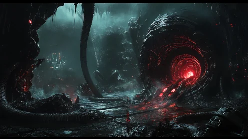 Biomechanical cavern shows glowing red tunnel core