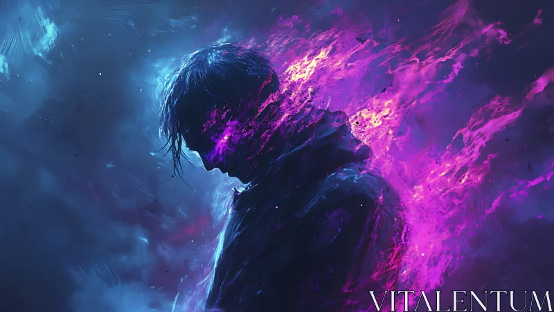Shrouded figure dissolving into neon violet flames.