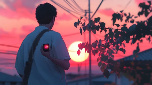 Backlit figure holds glowing device against saturated sunset sky