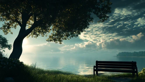Lakeside bench under backlit tree captures tranquil dawn glow