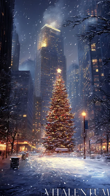 Snowy city plaza with illuminated Christmas tree at night.