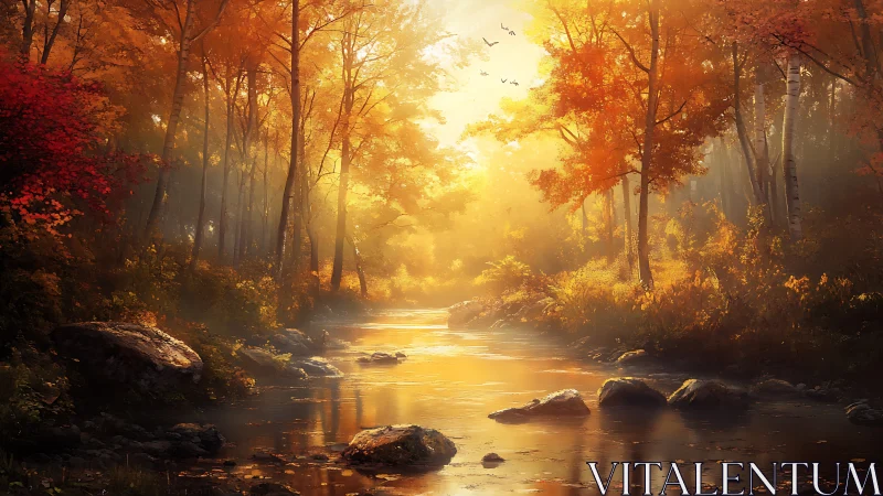 Golden Hour River: Autumn's Warm Embrace in the Forest.