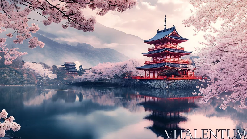 Pagoda by lakeside under cherry blossoms in misty valley.