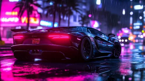 Neon sports car gleams in rainy cyberpunk city street at night.
