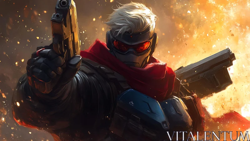 Gunmetal vigilante strides through firelit chaos in focus