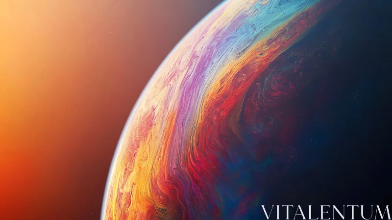 Iridescent gas giant with swirling spectral atmosphere edge.