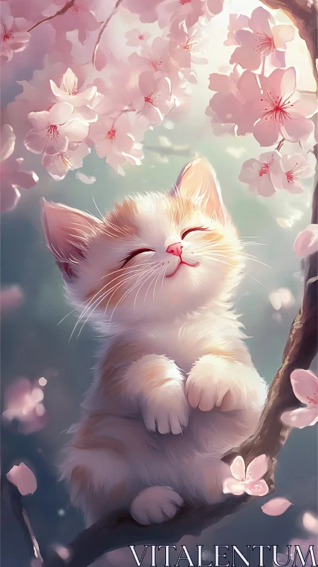 Luminous White Cat Beneath Cherry Blossoms in Soft Spring Light