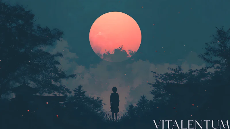 Backlit silhouette studies lunar scale under saturated crimson moon