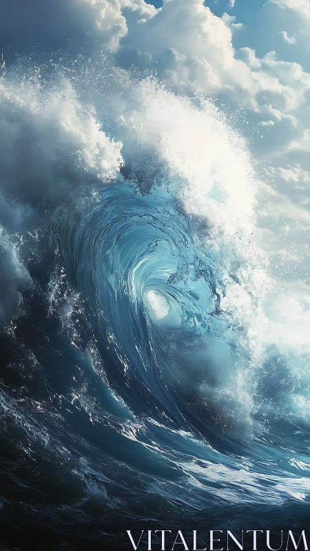 Monumental ocean wave curling under luminous storm clouds.