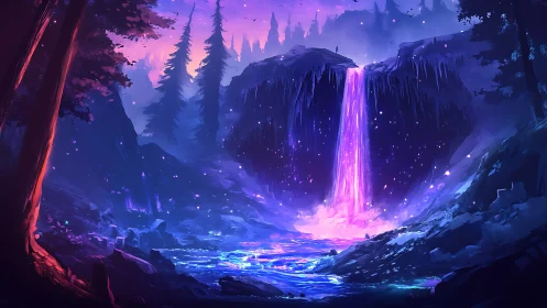 Luminescent waterfall dreaming under violet forest skies.