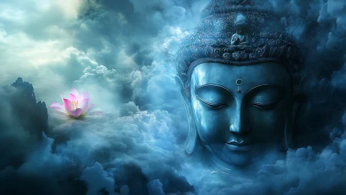 Serene Buddha visage emerges within luminous storm clouds