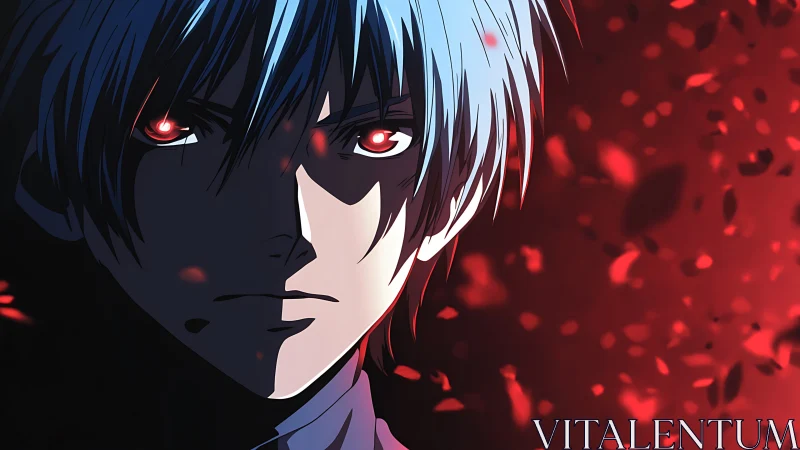 Intense anime boy portrait with glowing red eyes in shadow.