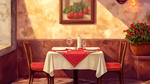 Two-place restaurant table is set against textured wall