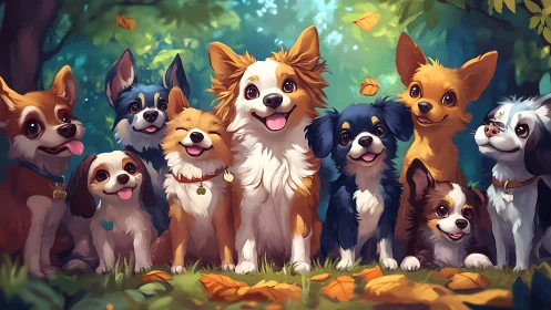 Group of cheerful cartoon dogs in a bright forest scene.