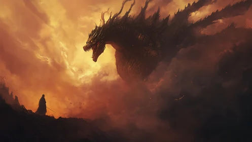Cinematic digital painting of warrior confronting colossal dragon.