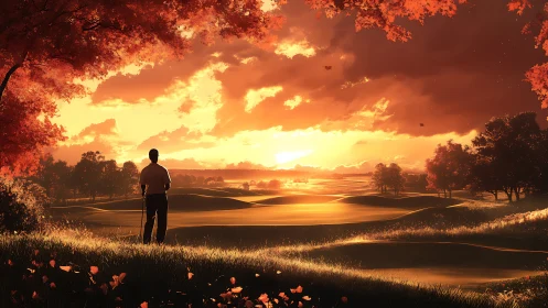 Golfer watching sunset over glowing autumn fairways.
