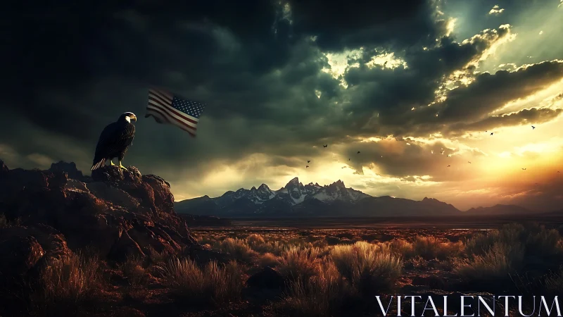 Eagle and flag overlooking stormy mountains at dusk.