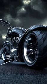 Low-angle view of custom chrome cruiser motorcycle at night