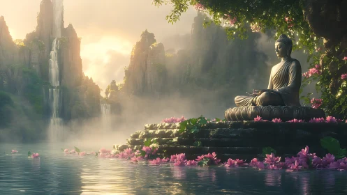 Serene Buddha sculpture overlooks misted waterfalls at dawn