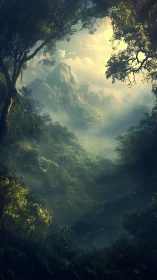 Misty Mountain Valley Vista Through Verdant Forest Canopy Frame.