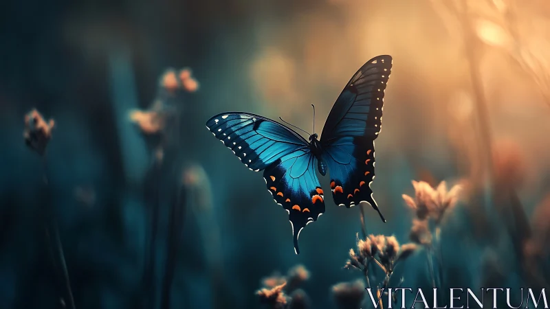 Luminous blue butterfly hovering in dreamy dusk meadow.