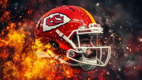 Fiery red football helmet portrait with explosive flames backdrop.