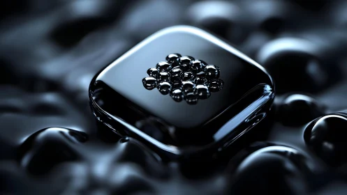 Glossy metallic cube holds clustered reflective droplets