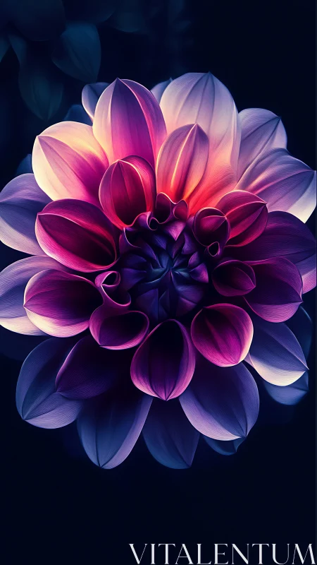 Luminescent Dahlia Bloom. Radiant petals glow magenta and pink.