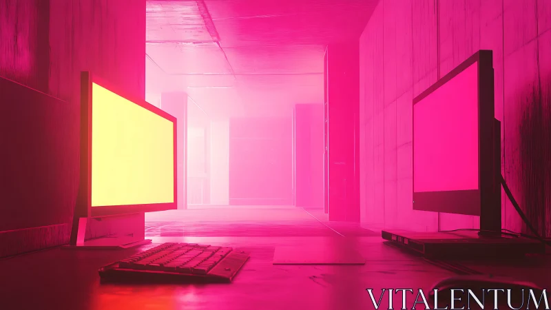 Neon office corridor where glowing screens quietly daydream.