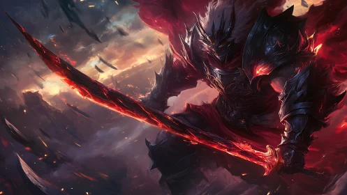 Demonic greatsword warrior strides through falling embers.