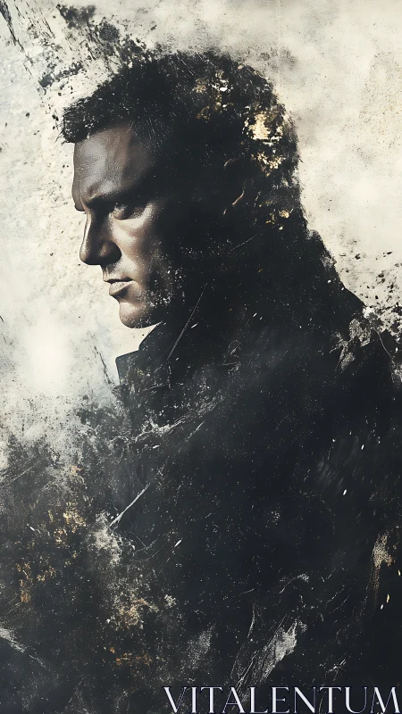 Male side profile in fragmented textured digital portrait.