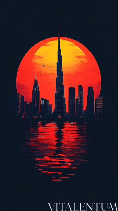 Stylized Dubai skyline cuts into oversized neon sunset disk