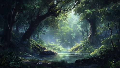 River flowing through dense forest canopy with filtered light penetration