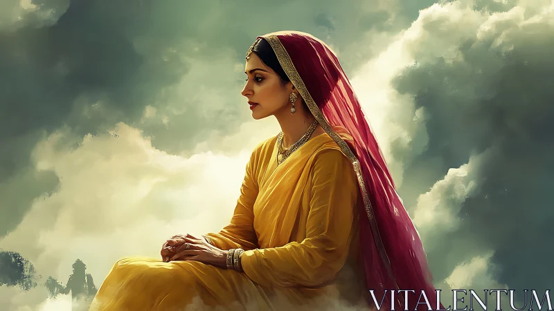 Woman in yellow sari and pink veil seated among clouds.
