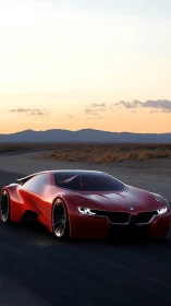 Red BMW concept supercar glows against a serene desert sunset