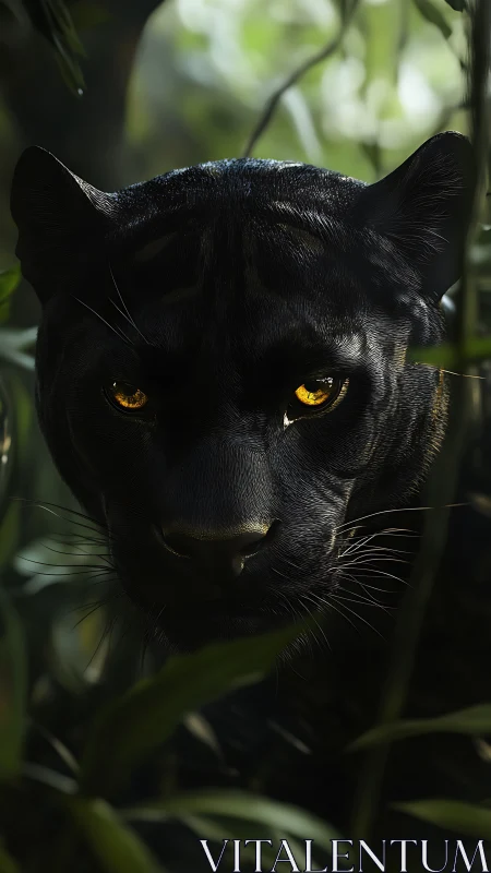 Black panther frontally framed with amber ocular luminescence and dense jungle foliage background
