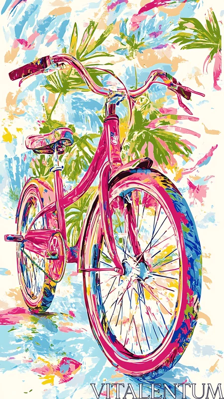 Vibrant Children's Bicycle with Tropical Botanical Foliage and Abstract Watercolor Background