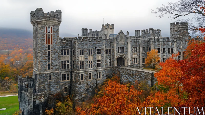 Stone fortress rises over vivid autumn forested hillside.