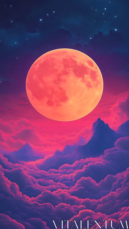 Radiant pink moon glows gently above dreamy violet clouds