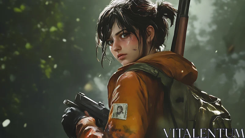 Survivor girl carries rifle and pistol in misty green forest