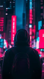 Neon city wanderer savors a quiet moment in glowing streets