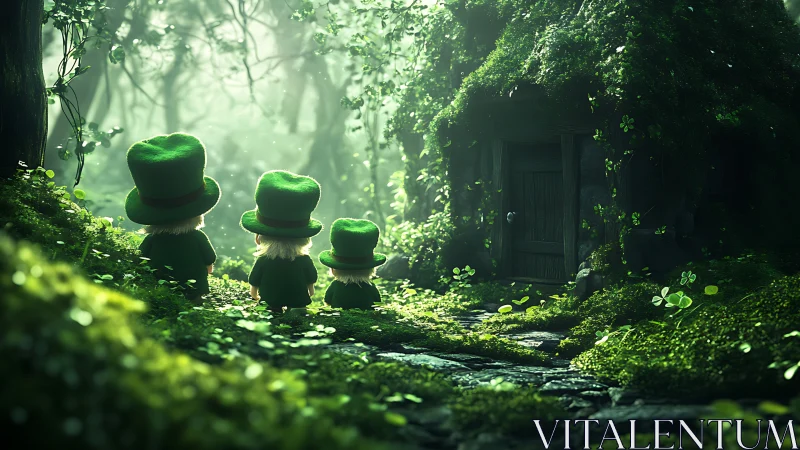 Curious little leprechauns arriving at a mossy forest home.
