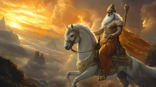 Regal warrior on white horse under a glowing golden sky.