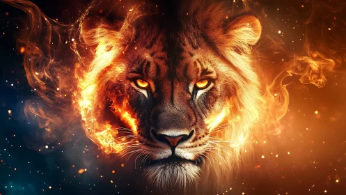 Lion of living fire gazes through glowing stardust night.