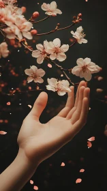 Gentle hand reaching toward soft spring cherry blossoms.