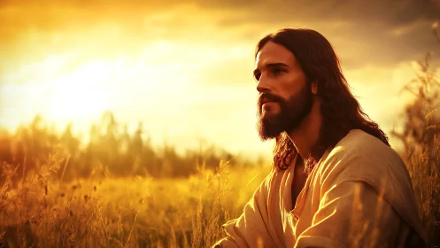Bearded robed man seated in sunlit field at golden hour.