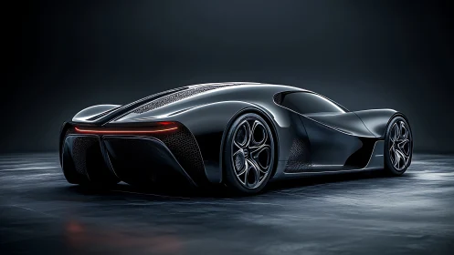Rear three quarter view of black futuristic sports coupe.
