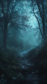 Luminous Forest Whispers Through Teal Mist.