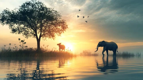 Elephants in shallow water at sunset near tree island scene.